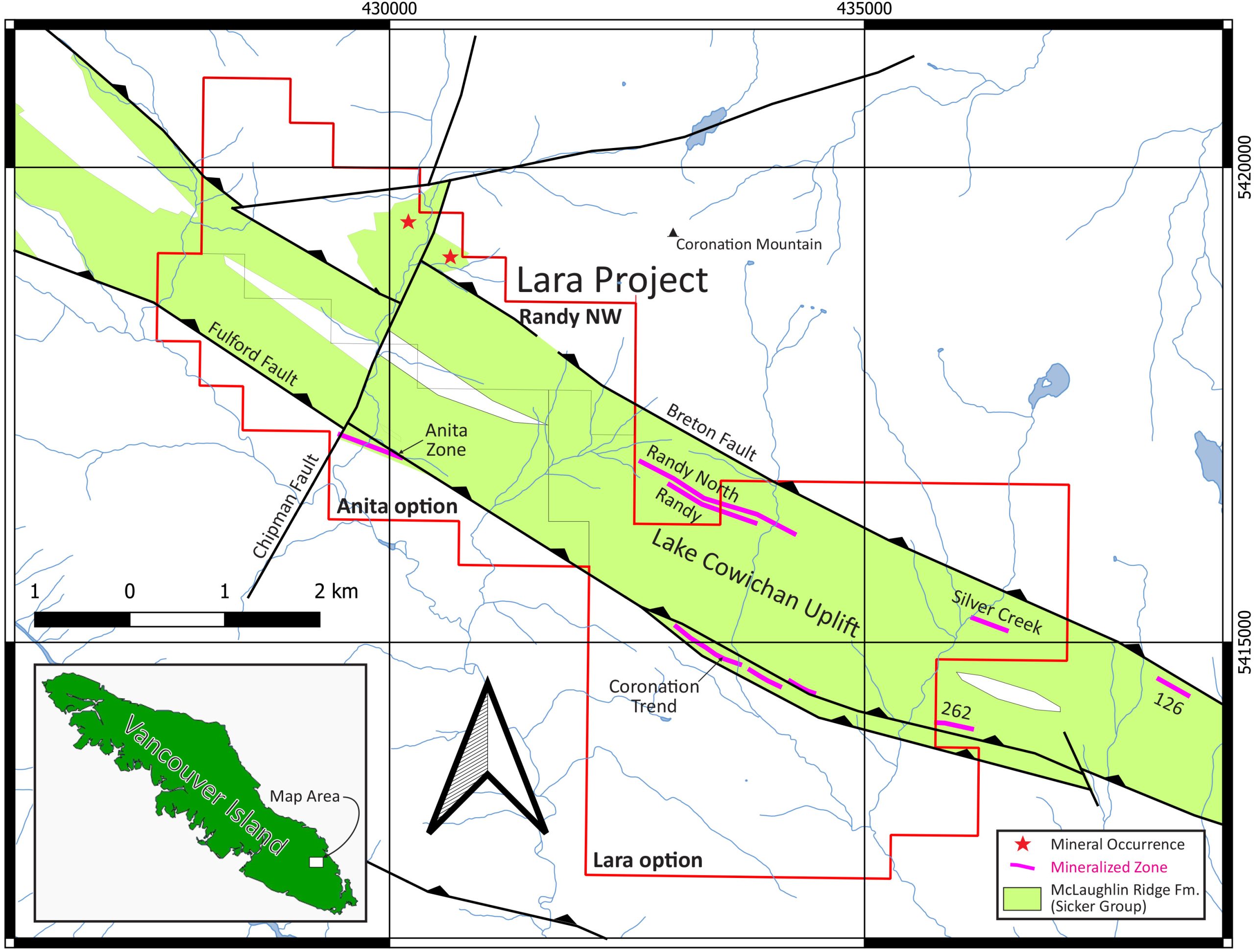 LARA Property map with Mineralized Zones
